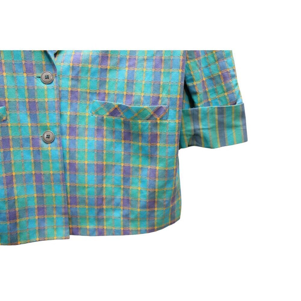 Vintage 80s 90s Blazer Large Multicolor Plaid Preppy Classic 100% Cotton USA - Picture 8 of 13